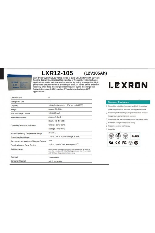 Lexron 12 Volt 105 Amper Deep Cycle Jel Akü