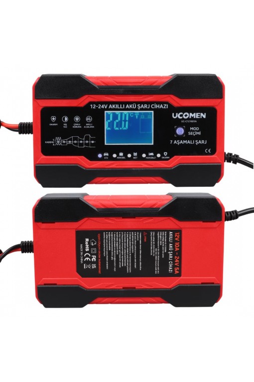 Ucomen UC-C121001A Kırmızı 12/24 Volt 10 Amper Led Göstergeli Akü Şarj Cihazı Ucomen UC-C121001A Kırmızı 12/24 Volt 10 Amper Led Göstergeli Akü Şarj Cihazı