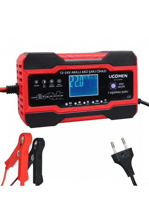 Ucomen UC-C121001A Kırmızı 12/24 Volt 10 Amper Led Göstergeli Akü Şarj Cihazı Ucomen UC-C121001A Kırmızı 12/24 Volt 10 Amper Led Göstergeli Akü Şarj Cihazı