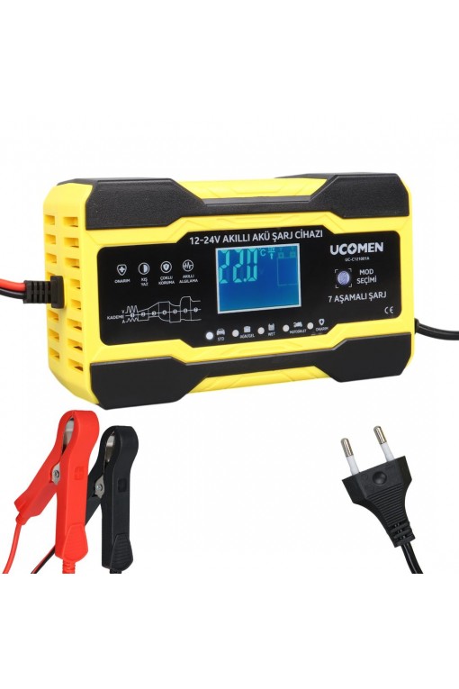 Ucomen 12/24 Volt 10 Amper Led Göstergeli 7 Aşamalı Akü Şarj Cihazı (UC-C121001A Sarı) Ucomen 12/24 Volt 10 Amper Led Göstergeli 7 Aşamalı Akü Şarj Cihazı (UC-C121001A Sarı)