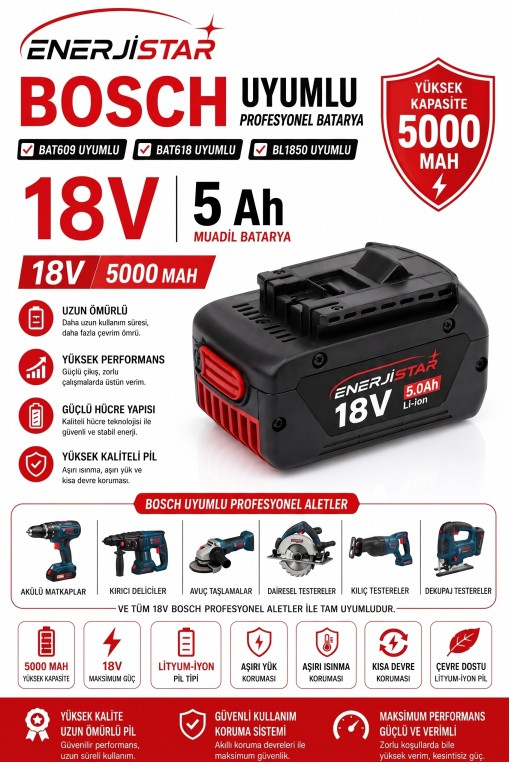 Bosch BL1850,Bat609,Bat618 18v 6ah Muadil Batarya