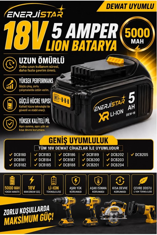Dewalt 18V DCB184, DCB200, DCB182, DCB180, DCB181, DCB201 Uyumlu Matkap Bataryası – Li-ion Akü