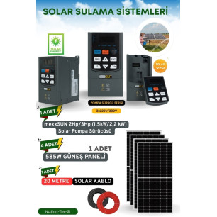 SOLAR GÜNEŞ ENERJİ SULAMA SİSTEMİ 2Hp/3Hp (1,5kW/2,2 kW) Solar Pompa Sürücüsü (3x220) 585 W Güneş Paneli SOLAR GÜNEŞ ENERJİ SULAMA SİSTEMİ 2Hp/3Hp (1,5kW/2,2 kW) Solar Pompa Sürücüsü (3x220) 585 W Güneş Paneli