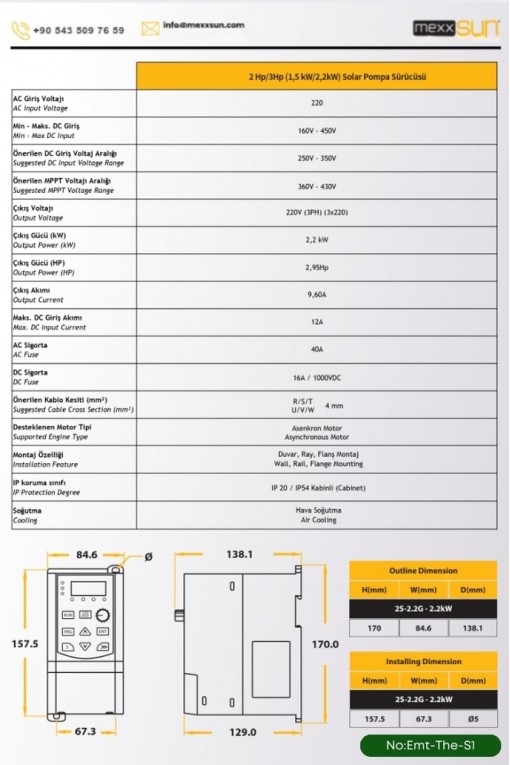 SOLAR GÜNEŞ ENERJİ SULAMA SİSTEMLREİ 2Hp/3Hp (1,5kW/2,2 kW) Solar Pompa Sürücüsü (3x220) 585 W GÜNEŞ PANELİ SOLAR GÜNEŞ ENERJİ SULAMA SİSTEMLREİ 2Hp/3Hp (1,5kW/2,2 kW) Solar Pompa Sürücüsü (3x220) 585 W GÜNEŞ PANELİ