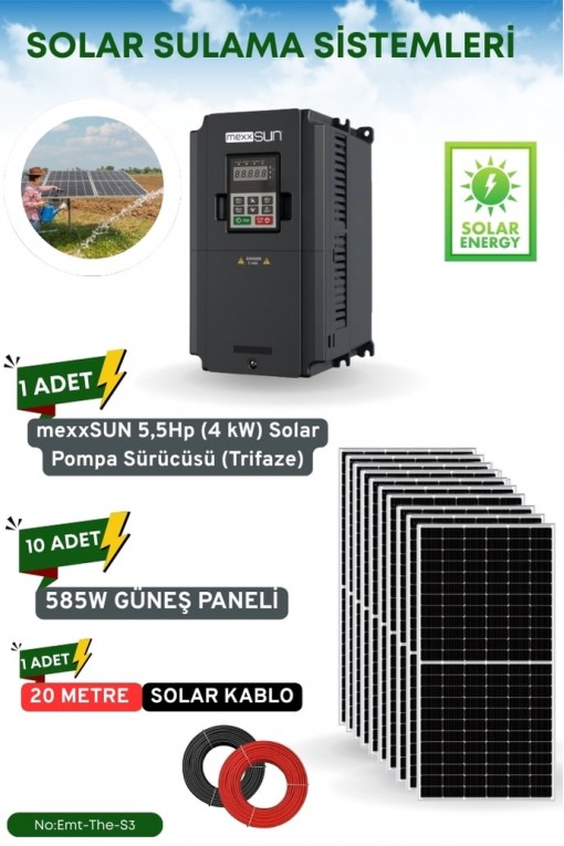 SOLAR GÜNEŞ ENERJİ SULAMA SİSTEMİ MEXSUNN 5.5 HP 4KW TRİFAZE SOLAR POMPA SÜRÜCÜSÜ 585 W Güneş Paneli