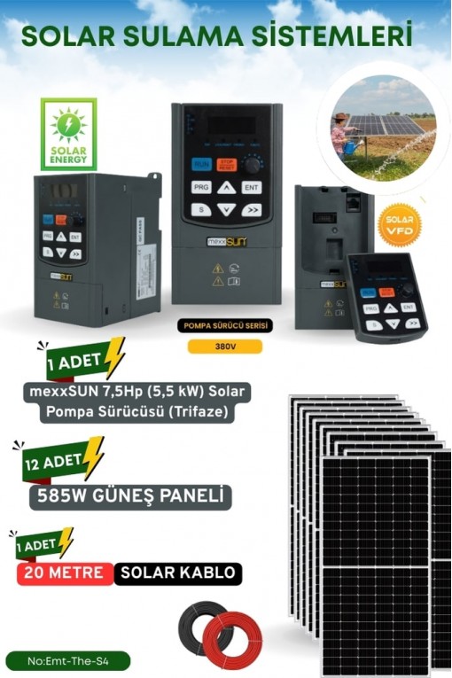 SOLAR GÜNEŞ ENERJİ SULAMA SİSTEMİ MEXSUNN 7.5 HP 5.5 KW TRİFAZE SOLAR POMPA SÜRÜCÜSÜ 585 W Güneş Paneli