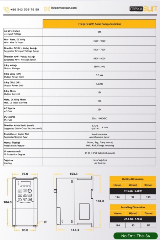 SOLAR GÜNEŞ ENERJİ SULAMA SİSTEMİ MEXSUNN 7.5 HP 5.5 KW TRİFAZE SOLAR POMPA SÜRÜCÜSÜ 585 W Güneş Paneli