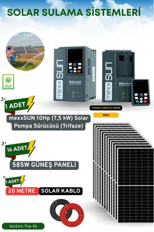 SOLAR GÜNEŞ ENERJİ SULAMA SİSTEMİ 10Hp (7,5 kW) Solar Pompa Sürücüsü (Trifaze) 585 W Güneş Paneli SOLAR GÜNEŞ ENERJİ SULAMA SİSTEMİ 10Hp (7,5 kW) Solar Pompa Sürücüsü (Trifaze) 585 W Güneş Paneli