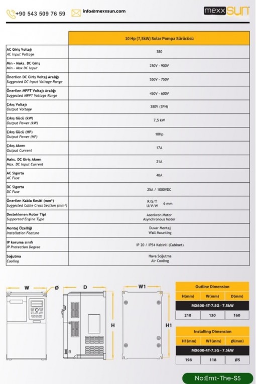 SOLAR GÜNEŞ ENERJİ SULAMA SİSTEMİ 10Hp (7,5 kW) Solar Pompa Sürücüsü (Trifaze) 585 W Güneş Paneli SOLAR GÜNEŞ ENERJİ SULAMA SİSTEMİ 10Hp (7,5 kW) Solar Pompa Sürücüsü (Trifaze) 585 W Güneş Paneli