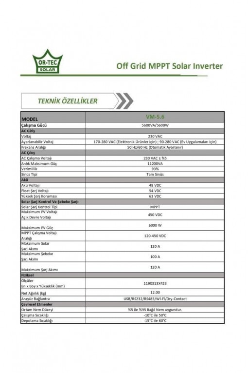 Ortec Solar 48V 5.6Kw/5600VA MPPT Wi-Fi Tam Sinüs Akıllı İnverter Ortec Solar 48V 5.6Kw/5600VA MPPT Wi-Fi Tam Sinüs Akıllı İnverter