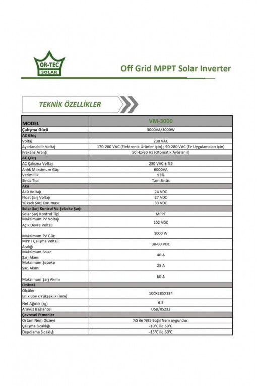 Ortec Solar 24V 3KW/3000VA MPPT Tam Sinüs Akıllı İnverter Ortec Solar 24V 3KW/3000VA MPPT Tam Sinüs Akıllı İnverter