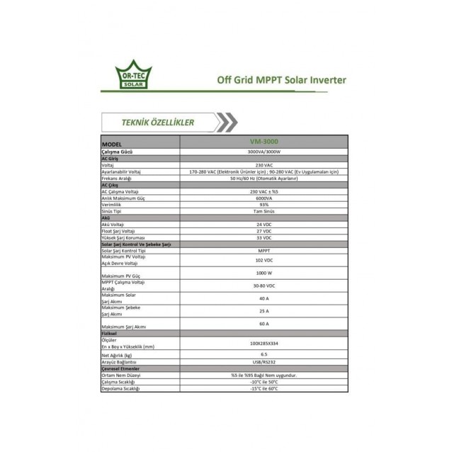 Ortec Solar 24V 3KW/3000VA MPPT Tam Sinüs Akıllı İnverter