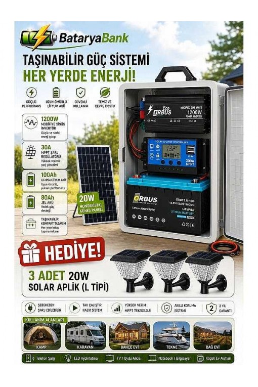 205W Güneş Enerjisi Seti 100Ah LiFePO4 Lityum Akülü – Mini Buzdolabı, TV, Aydınlatma ve Telefon Şarj Sistemi