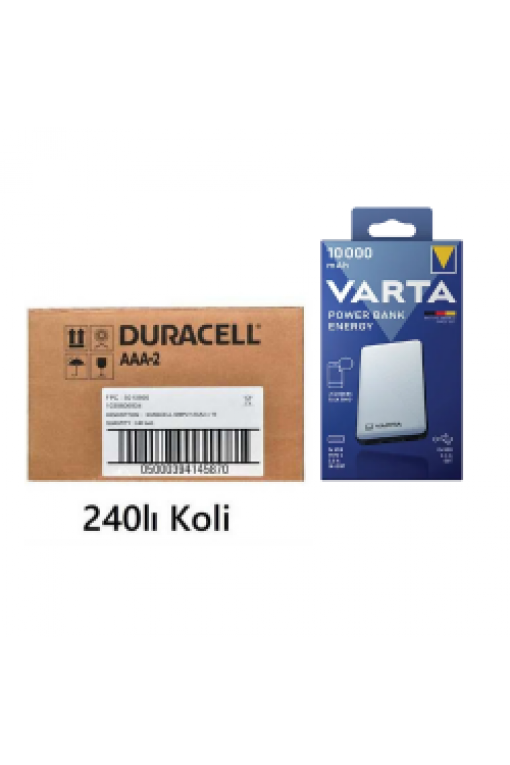 240lı Koli Duracell Simply AAA Alkalin İnce Pil Varta Energy 10.000Mah Powerbank Hediyeli