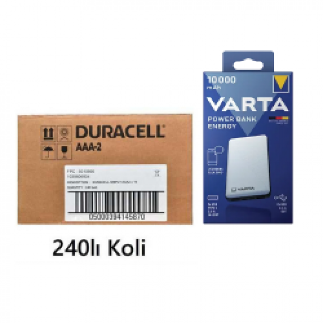 240lı Koli Duracell Simply AAA Alkalin İnce Pil Varta Energy 10.000Mah Powerbank Hediyeli