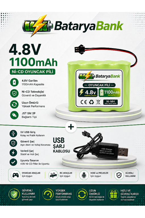 4.8V 1100mAh Oyuncak Araba Pili Siyah Soket + USB 4.8V Şarj Cihazı 250mAh Seti