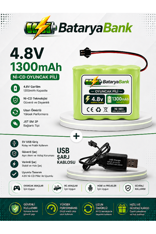 4.8V 1300mAh Oyuncak Araba Pili Siyah Soket + USB Şarj Cihazı | RC Araç Batarya Seti