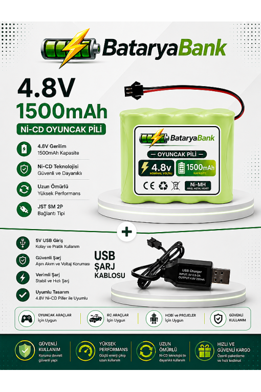 4.8V 1500mAh Oyuncak Araba Pili Bataryası + USB Şarj Cihazı Siyah Soketli Ni-MH Şarjlı Batarya Seti