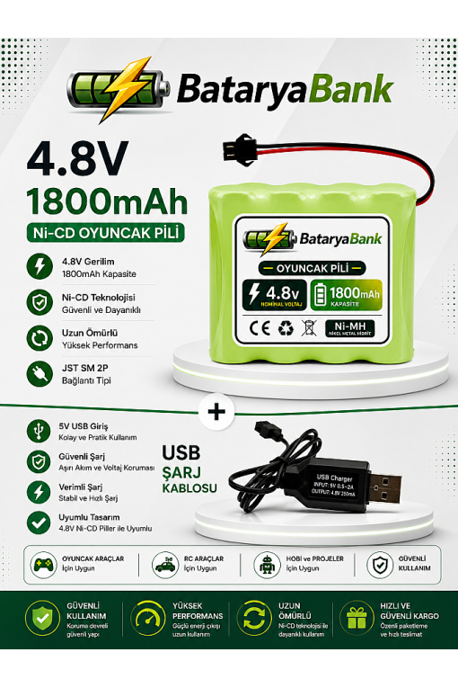 4.8V 1800mAh Oyuncak Araba Pili Bataryası Siyah Soket + USB Şarj Cihazı Seti