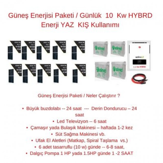 Güneş Enerjisi Paketi / Günlük  10  Kw HYBRD Enerji YAZ  KIŞ Kullanımı