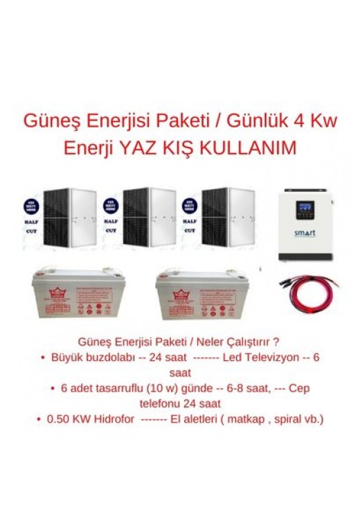 Güneş Enerjisi Paketi / Günlük 4 Kw Enerji YAZ KIŞ KULLANIM Güneş Enerjisi Paketi / Günlük 4 Kw Enerji YAZ KIŞ KULLANIM