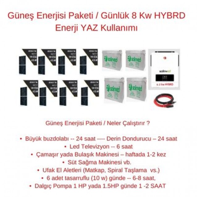 Güneş Enerjisi Paketi / Günlük  8  Kw HYBRD Enerji YAZ  Kullanımı