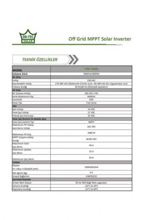 Ortec Solar 24V 3KW/3000VA MPPT Tam Sinüs Akıllı İnverter