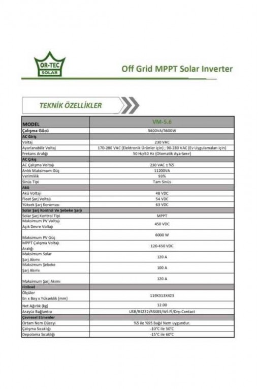 Ortec Solar 48V 5.6Kw/5600VA MPPT Wi-Fi Tam Sinüs Akıllı İnvertör Ortec Solar 48V 5.6Kw/5600VA MPPT Wi-Fi Tam Sinüs Akıllı İnvertör