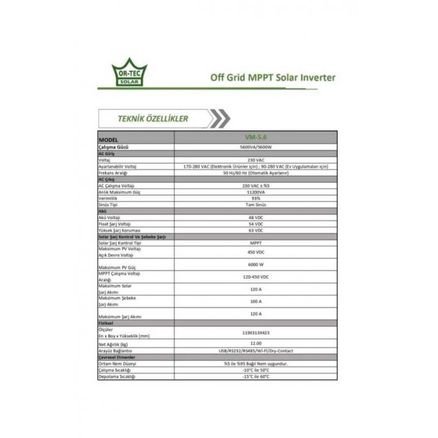 Ortec Solar 48V 5.6Kw/5600VA MPPT Wi-Fi Tam Sinüs Akıllı İnvertör