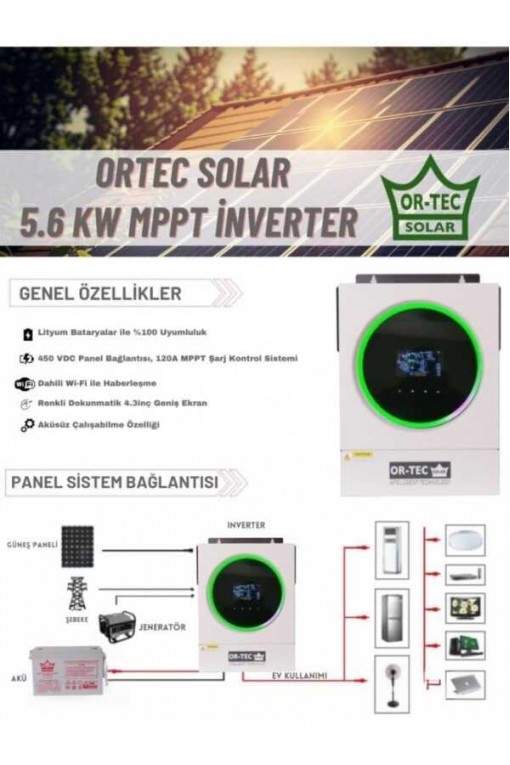 Ortec Solar 48V 5.6Kw/5600VA MPPT Wi-Fi Tam Sinüs Akıllı İnvertör Ortec Solar 48V 5.6Kw/5600VA MPPT Wi-Fi Tam Sinüs Akıllı İnvertör