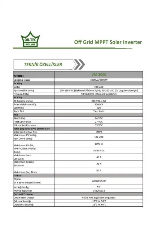 Ortec Solar 24V 3KW/3000VA MPPT Tam Sinüs Akıllı İnverter Ortec Solar 24V 3KW/3000VA MPPT Tam Sinüs Akıllı İnverter
